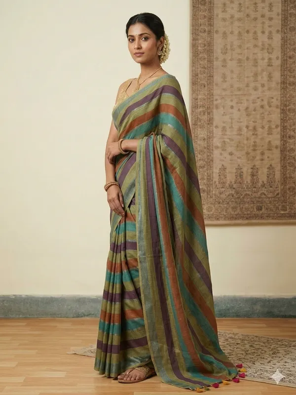 Multicolor_Striped_Cotton_Blend_Saree_with_Tassel_Pallu