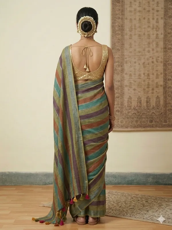 Multicolor_Striped_Cotton_Blend_Saree_with_Tassel_Pallu