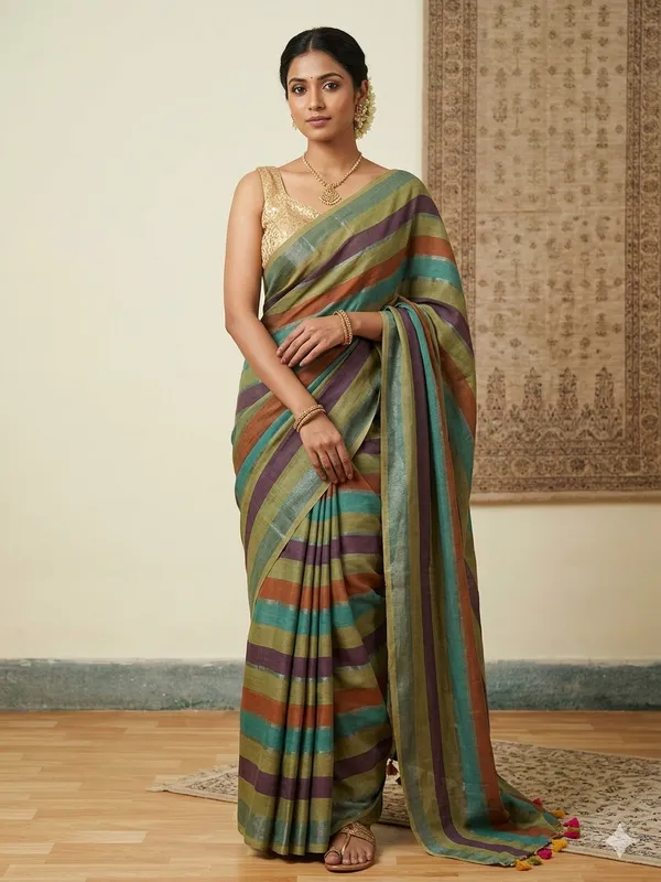 Multicolor_Striped_Cotton_Blend_Saree_with_Tassel_Pallu