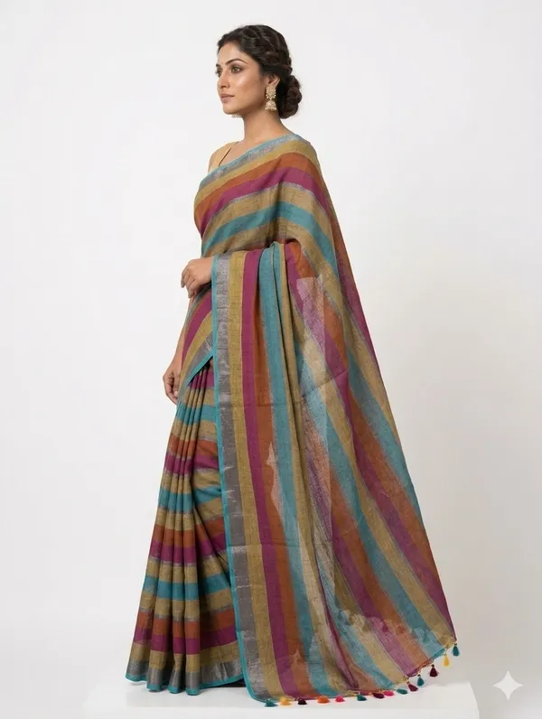 Multicolor_Striped_Linen_Blend_Saree_with_Tassel_Pallu