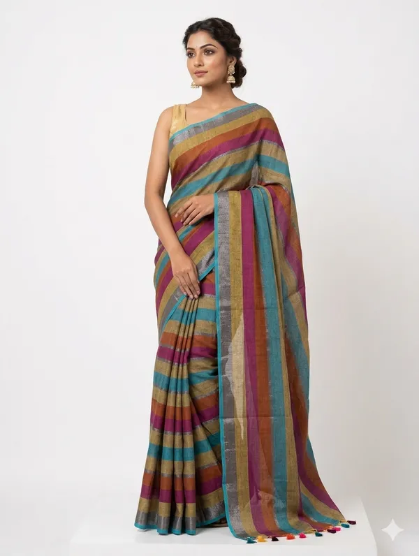 Multicolor_Striped_Linen_Blend_Saree_with_Tassel_Pallu