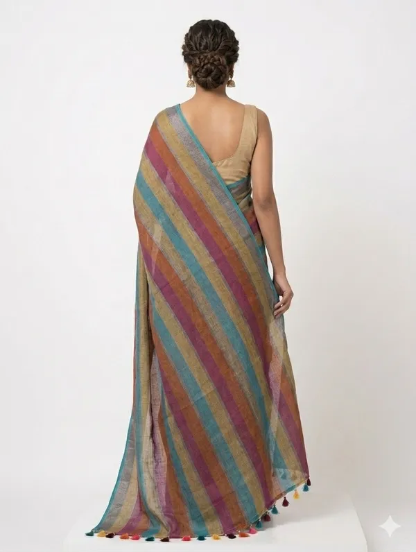 Multicolor_Striped_Linen_Blend_Saree_with_Tassel_Pallu