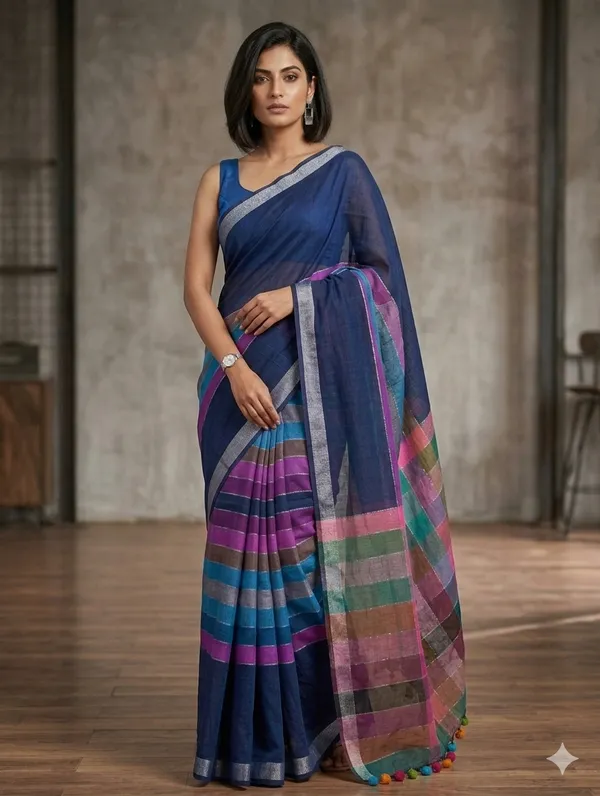 Navy_Blue_Cotton_Saree_with_Multicolor_Checked_Pallu