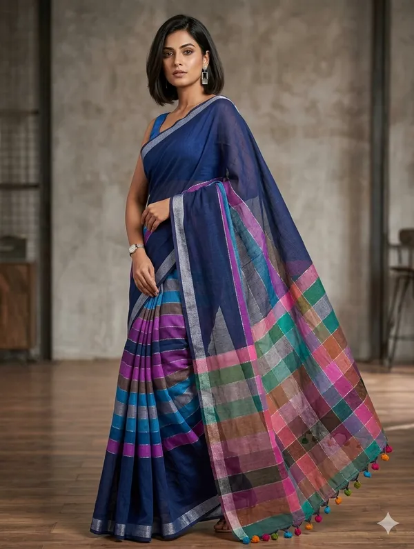 Navy_Blue_Cotton_Saree_with_Multicolor_Checked_Pallu