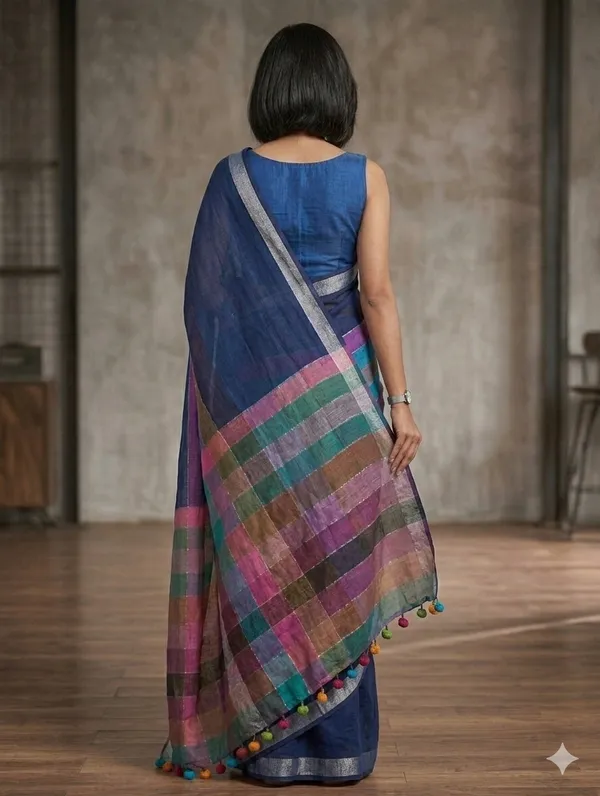 Navy_Blue_Cotton_Saree_with_Multicolor_Checked_Pallu