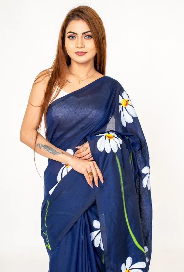 Navy_Blue_Floral_Printed_Cotton_Saree