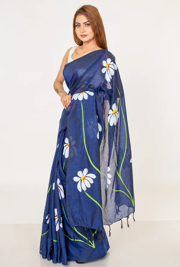 Navy_Blue_Floral_Printed_Cotton_Saree
