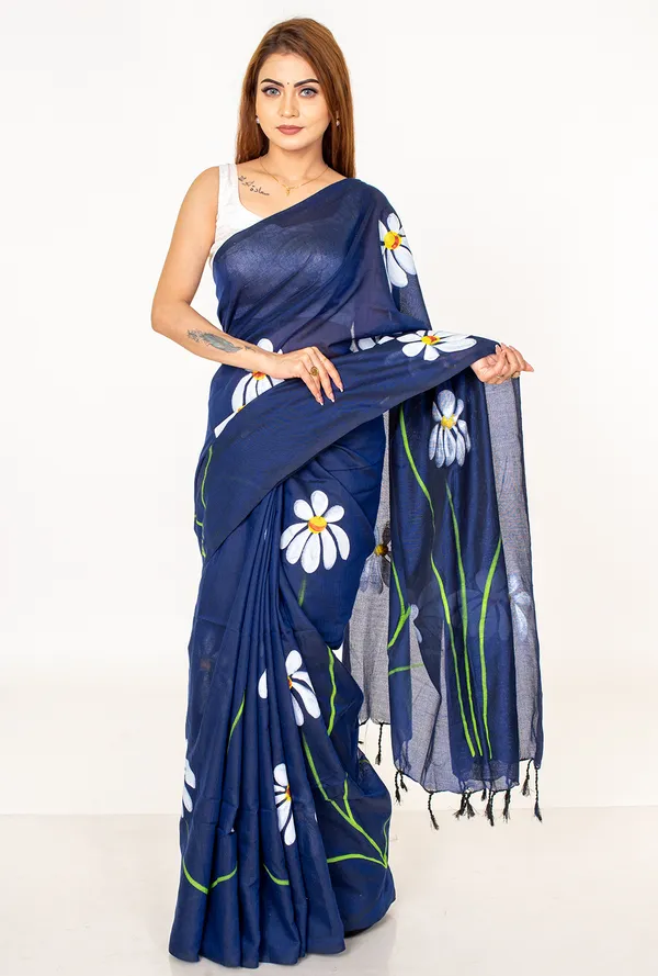 Navy_Blue_Floral_Printed_Cotton_Saree