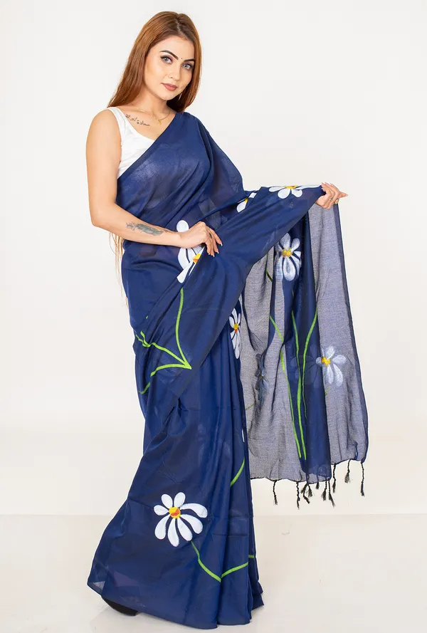 Navy_Blue_Floral_Printed_Cotton_Saree