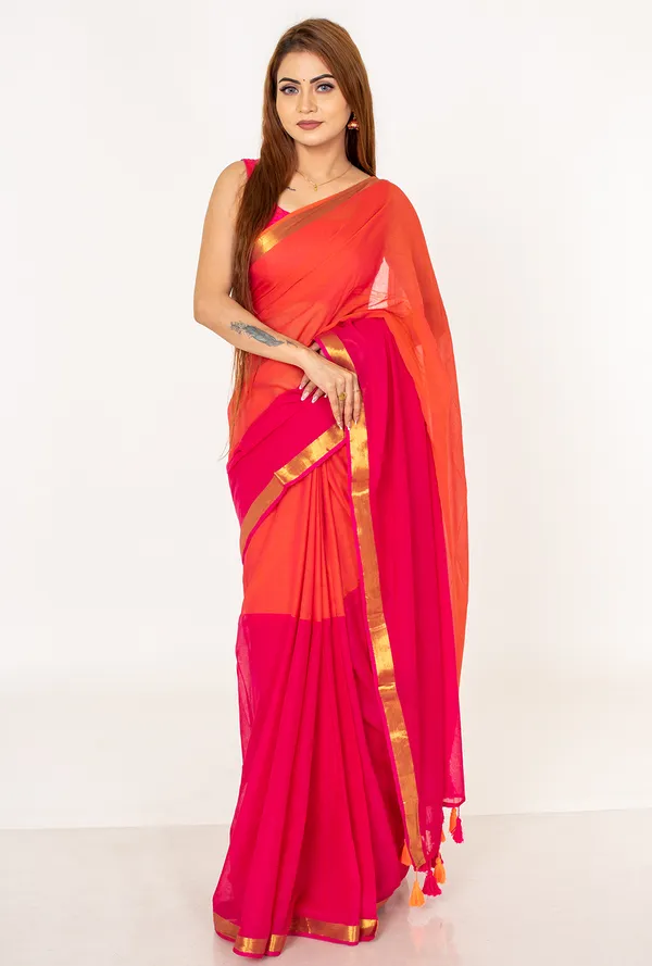 Orange_&_Pink__mulc_otton_Saree_with_Zari_Border