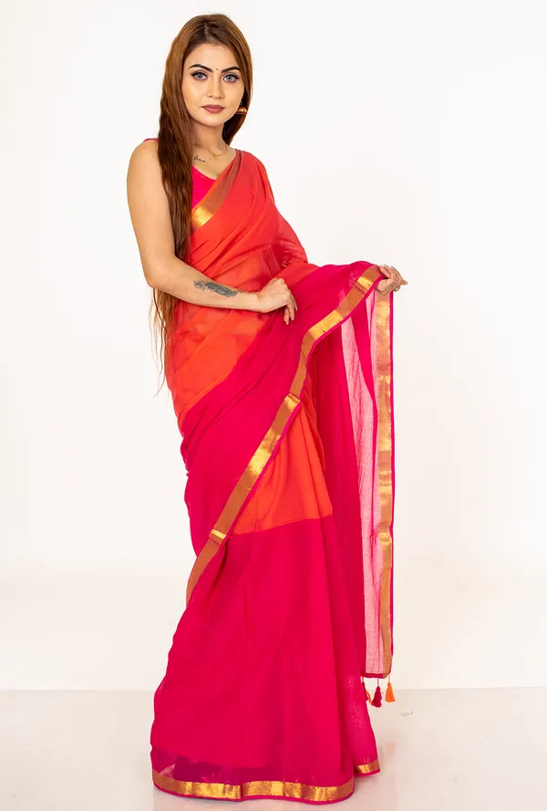 Orange_&_Pink__mulc_otton_Saree_with_Zari_Border