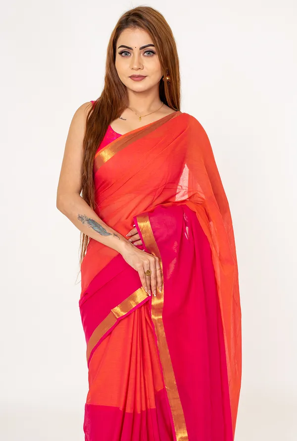 Orange_&_Pink__mulc_otton_Saree_with_Zari_Border