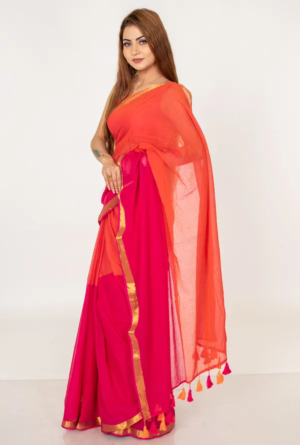 Orange_&_Pink__mulc_otton_Saree_with_Zari_Border