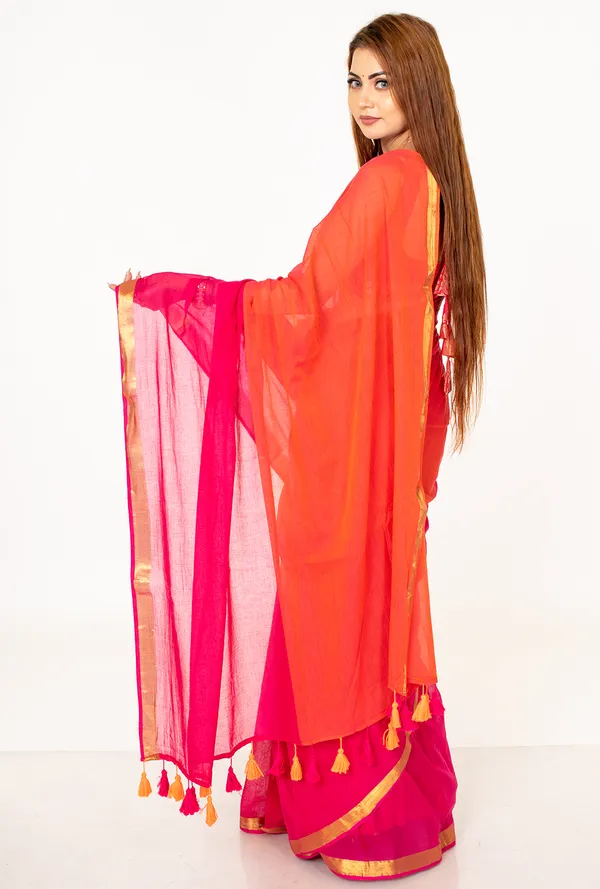 Orange_&_Pink__mulc_otton_Saree_with_Zari_Border