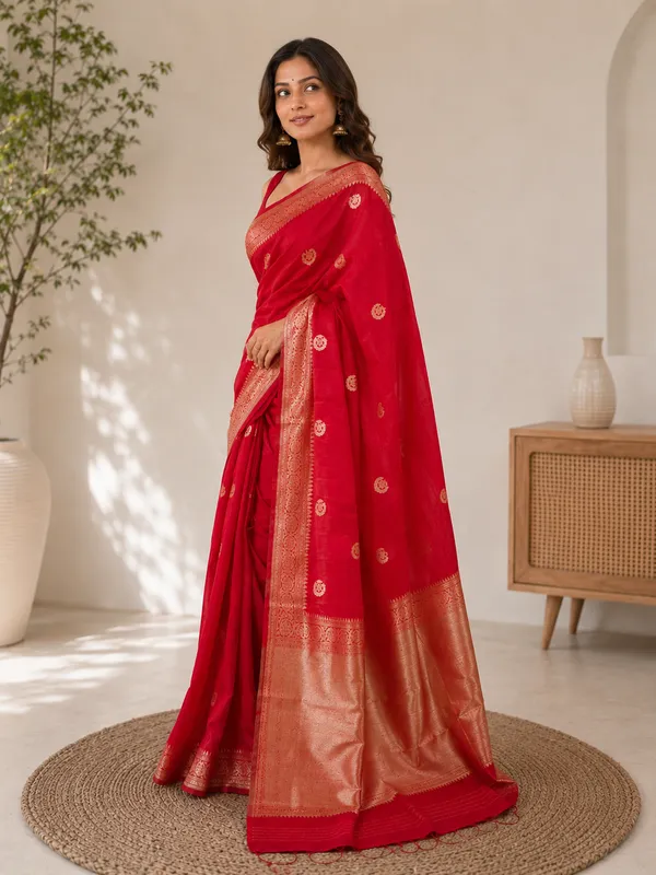 Silk_Blend_Saree_with_Golden_Buti_&_Zari_Border