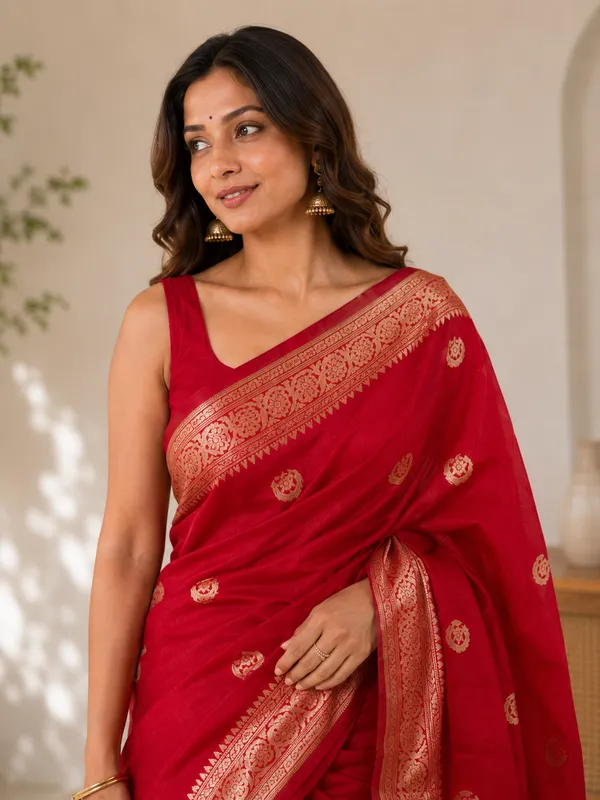 Silk_Blend_Saree_with_Golden_Buti_&_Zari_Border