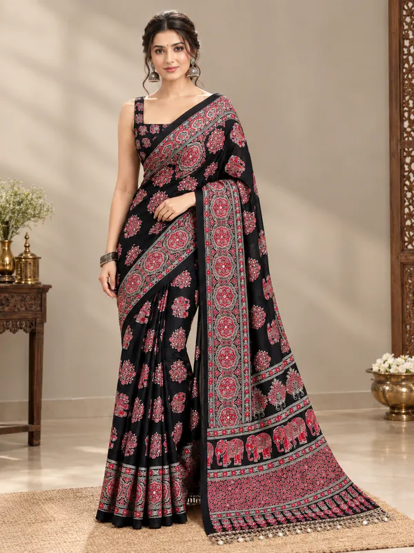 TRENDY_Black_Mirror_Modal_Saree_With_Red_Traditional_Block_Print