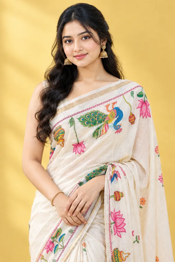 Trendy_Printed_Saree_with_Peacock_&_Floral_Design