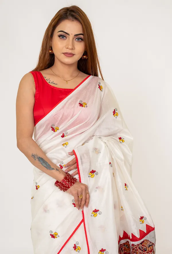 White_Embroidered_Cotton__blend__Saree_with_Red_Border