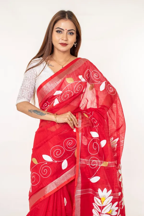 Women_Red_Hand_Painted_Floral_Cotton_Saree