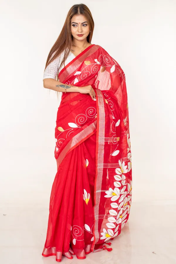 Women_Red_Hand_Painted_Floral_Cotton_Saree