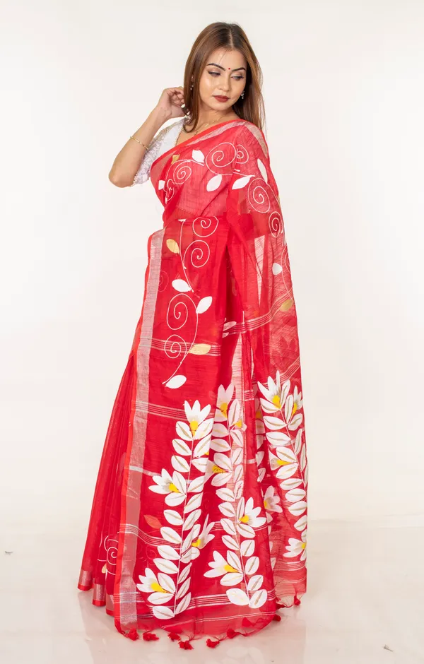 Women_Red_Hand_Painted_Floral_Cotton_Saree