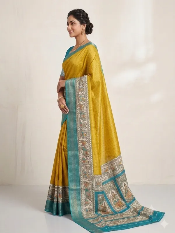 Yellow_Kalamkari_Border_mul_cotton_Saree