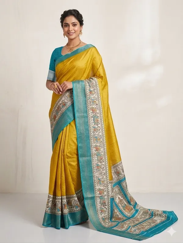 Yellow_Kalamkari_Border_mul_cotton_Saree