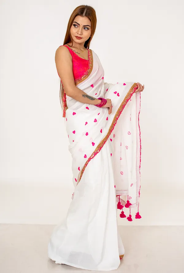 khadi_cotton_heart_Print_White_Saree