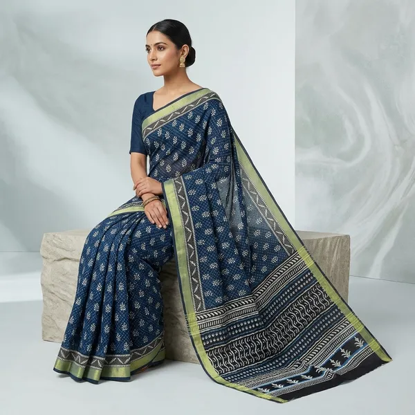 Blue_Cotton_Hand_Block_Print_Saree_With_Zari_Border_For_Women
