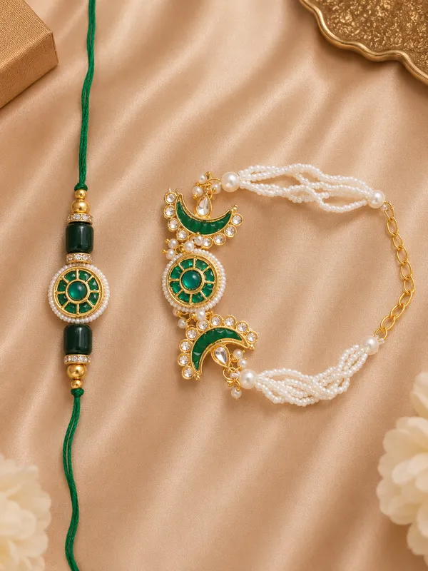 RAVUNÉ_Green_handrika_Heritage_Kundan_and_Moti_Couple_Rakhi_(Bhaiya_Bhabhi)_For_Women_&_Men_