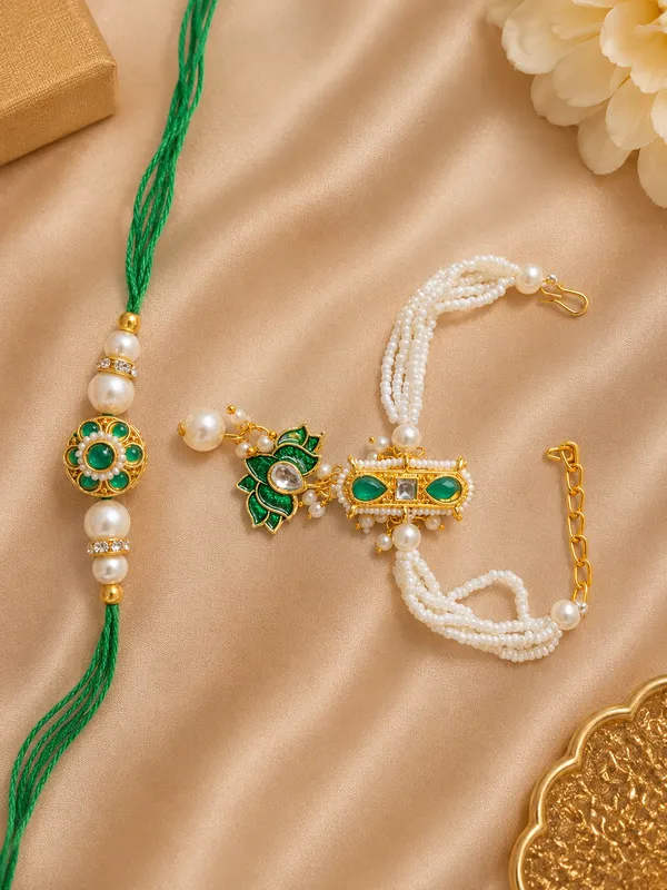 RAVUNÉ_Green_Pearl_Heritage_Kundan_and_Moti_Couple_Rakhi_(Bhaiya_Bhabhi)_For_Women_&_Men_