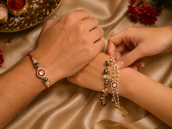 RAVUNÉ_Green_Red_Ghomer_Heritage_Kundan_and_Moti_Couple_Rakhi_(Bhaiya_Bhabhi)_For_Women_&_Men_