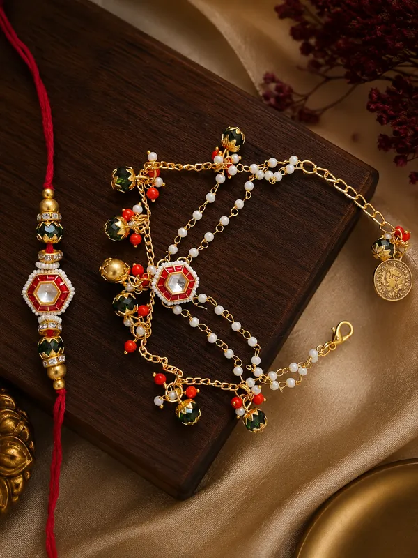 RAVUNÉ_Green_Red_Ghomer_Heritage_Kundan_and_Moti_Couple_Rakhi_(Bhaiya_Bhabhi)_For_Women_&_Men_