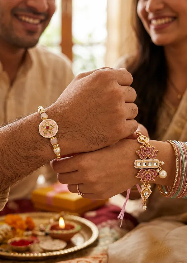 RAVUNÉ_PInk_Lotus_Heritage_Kundan_and_Moti_Couple_Rakhi_(Bhaiya_Bhabhi)_For_Women_&_Men_