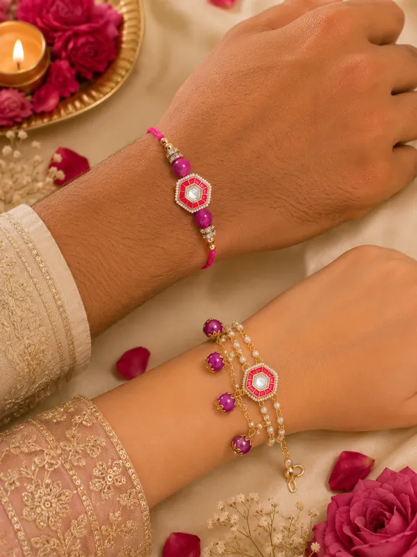 RAVUNÉ_Pink_Heritage_Kundan_and_Moti_Couple_Rakhi_(Bhaiya_Bhabhi)_For_Women_&_Men_