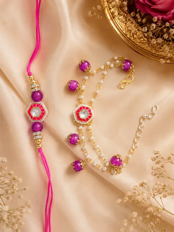RAVUNÉ_Pink_Heritage_Kundan_and_Moti_Couple_Rakhi_(Bhaiya_Bhabhi)_For_Women_&_Men_