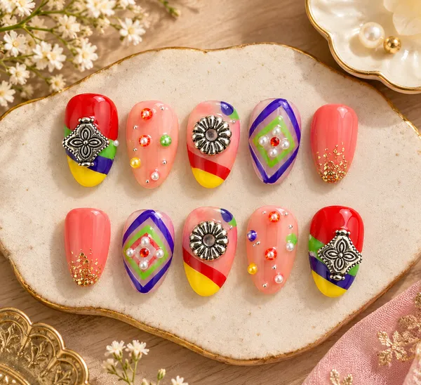 RAVUNE_Garba_Beats_Press-On_Nails_–_Oxidized_Fan_Charms,_Vibrant_Geometric_Art_&_Dangling_Flower_Set