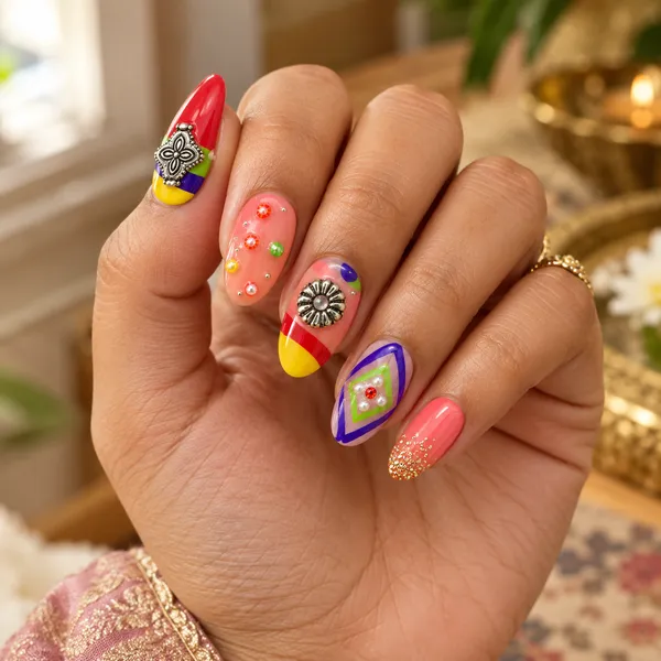 RAVUNE_Garba_Beats_Press-On_Nails_–_Oxidized_Fan_Charms,_Vibrant_Geometric_Art_&_Dangling_Flower_Set
