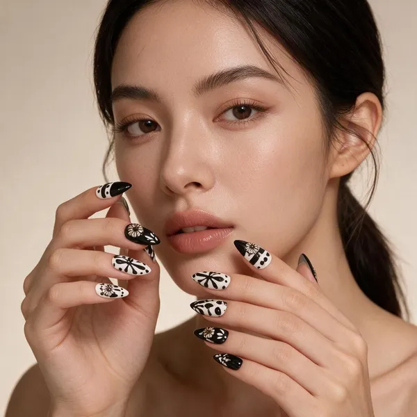 RAVUNE_Monochrome_Ethnic_Press-On_Nails_–_Black_&_White_Tribal_Folk_Art,_Mirror_Charms_&_Silver_Caviar_Studs