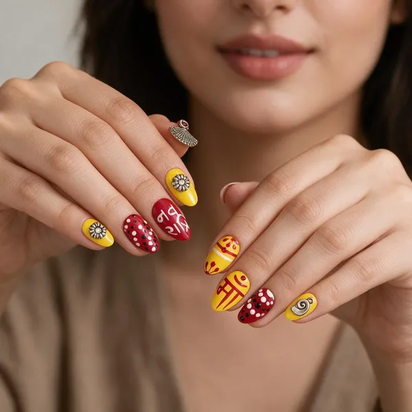 RAVUNE_Maa_Durga_Sacred_Edition_Press-On_Nails_–_Hand-Painted_Devanagari_Calligraphy,_Oxidized_Fan_Charms_&_Vibrant_Yellow-Pink_Set