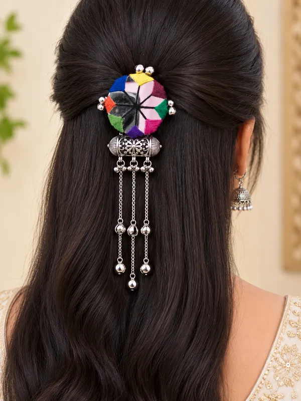 RAVUNÉ_Banjara_Thread-Work_&_Cascading_Silver_Tassel_Hair_Clip