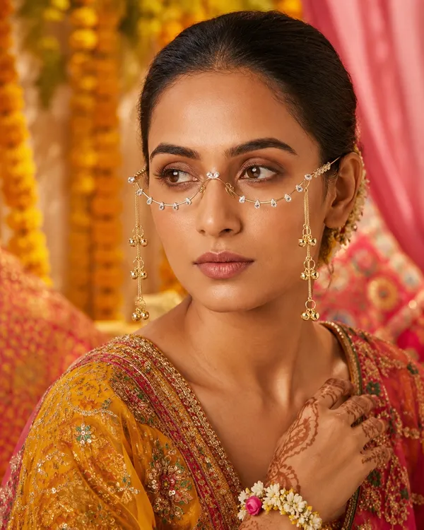 RAVUNE_Crystal_Undereye__Heart_With_Detachable_Ghungro_Gold_Stainless_Steel_Anti-Tarnish_Facelets__For_Women
