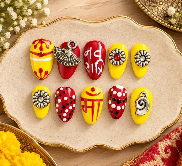RAVUNE_Maa_Durga_Sacred_Edition_Press-On_Nails_–_Hand-Painted_Devanagari_Calligraphy,_Oxidized_Fan_Charms_&_Vibrant_Yellow-Pink_Set