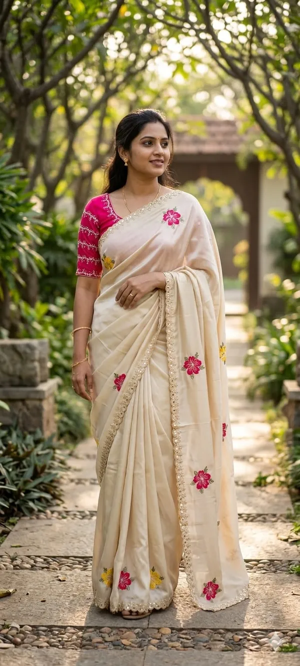 Elegant_Off-White_Saree_With_Pink_Floral_Embroidery_And_Contrast_Blouse