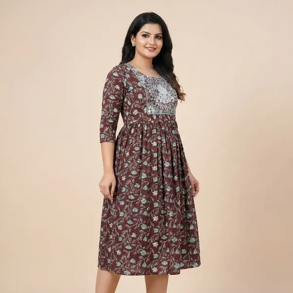Maroon_And_Blue_Floral_Printed_Fit_And_Flare_Dress_For_Women