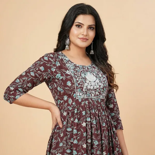 Maroon_And_Blue_Floral_Printed_Fit_And_Flare_Dress_For_Women