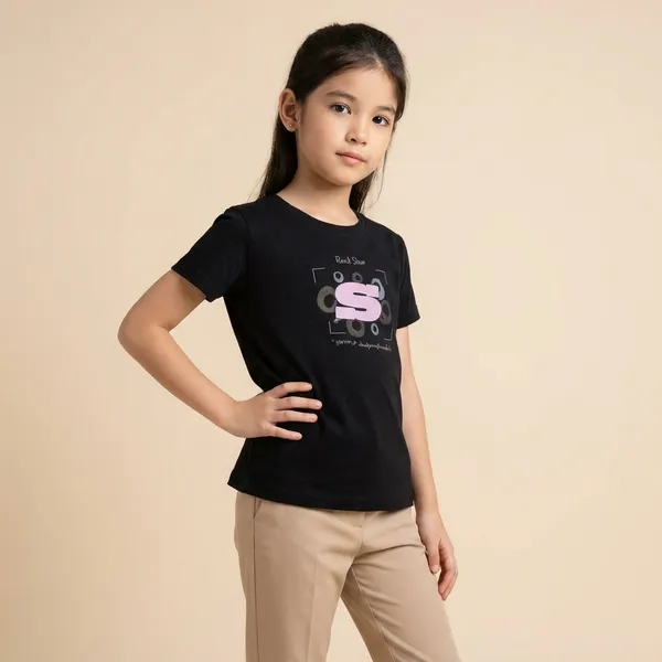Black_T_Shirt_And_Brown_Polka_Dot_Capri_Set_With_Cute_Bear_Print_For_Girls