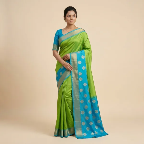 Parrot_Green_Silk_Saree_With_Sky_Blue_Border_And_Silver_Buti_Work
