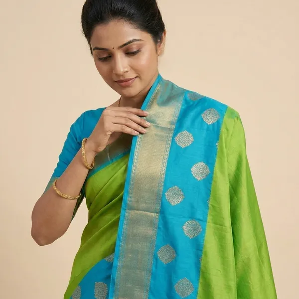 Parrot_Green_Silk_Saree_With_Sky_Blue_Border_And_Silver_Buti_Work